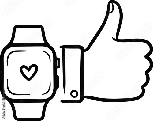 Thumbs up with a smartwatch displaying a heart icon, symbolizing positive health and technology