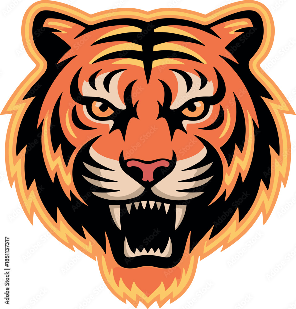 Obraz premium Fierce Aggressive Roaring Tiger Head Mascot Logo Vector Illustration with Orange Stripes for Sports Team, School Badge, or Esport Branding.