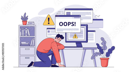 Stressed office worker with computer system error message illustration