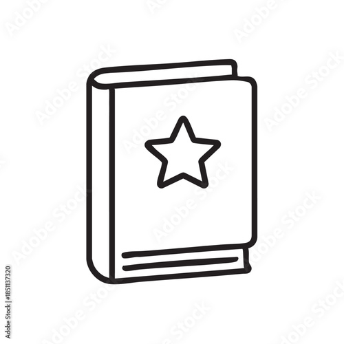 A simple black and white line drawing depicts a closed book with a five pointed star on its cover