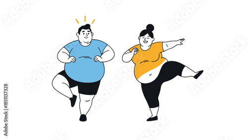 Plus size couple exercising and dancing together vector illustration