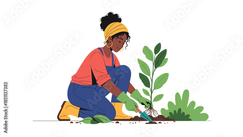Woman gardening with hand trowel in flat vector style