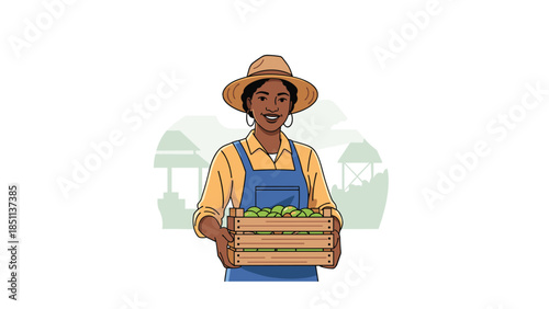 African American female farmer holding crate of green apples