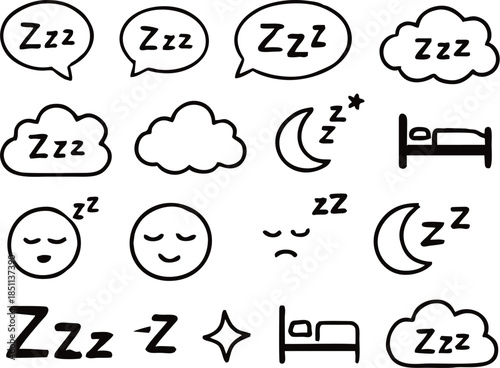 Sleep Zzz icon vector set with snore bubbles, cartoon clouds, dreamy emojis, hand-drawn bed and nap symbols for insomnia, bedtime apps, slumber messages, and deep rest design.