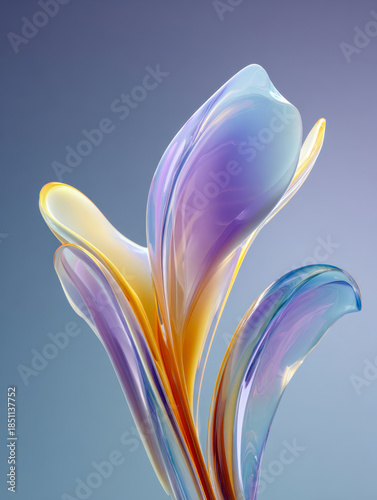 Abstract translucent sculpture with flowing organic shapes in pastel purple, blue, and amber hues on a soft gradient background creating elegant illusion of glass pe
