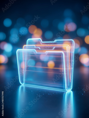 Glowing futuristic digital file folders icon symbolizing data storage and information management with vibrant neon lights in a modern abstract technology background