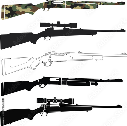 Collection of various rifles and sniper guns on white background