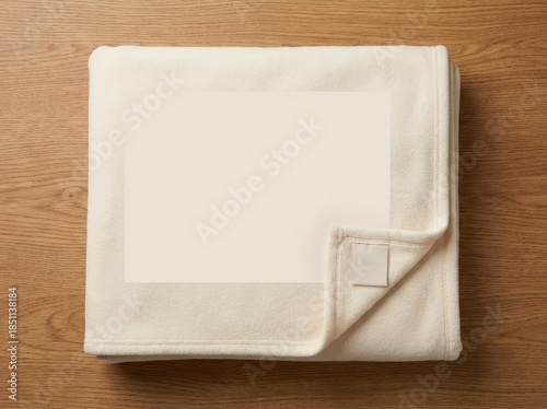Soft cream blanket folded on wooden surface