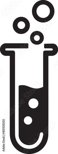 Thick test tube with bubble lines, bold silhouette chemistry icon, clean EPS vector for lab design