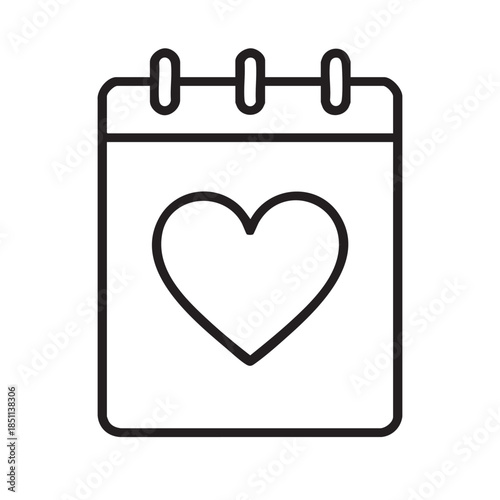 A simple black and white line drawing depicts a calendar page with a heart inside it