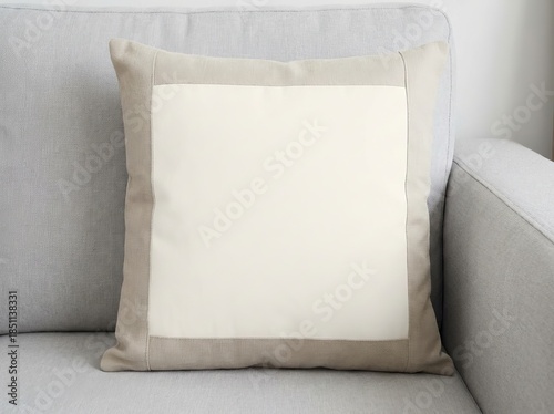 Square beige pillow with cream center on sofa