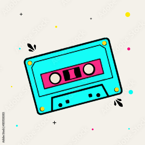 Halftone pop art dot retro teal and pink music cassette tape with decorative dots and geometric shapes, vector