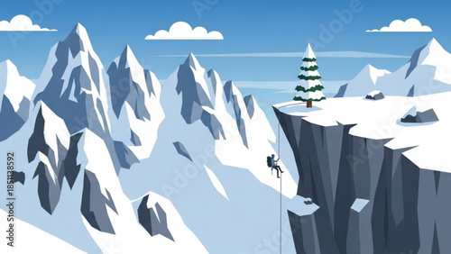 Winter mountain landscape with a lone climber rappelling down a cliff face representing adventure and extreme sports