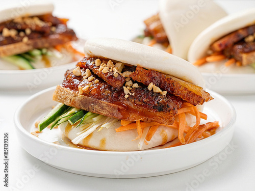 Gua bao steamed bun filled with glazed pork belly, fresh vegetables and crushed peanuts, served on white plate. Asian street food isolated on white background, clean modern food photography
