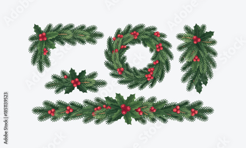 Christmas wreath with red ribbon on white background