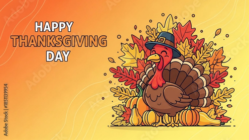 Happy Thanksgiving Day turkey illustration with autumn leaves and pumpkins festive holiday greeting for celebration and harvest 