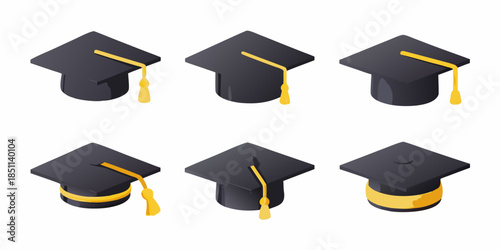 A collection of isometric graduation caps in varying perspectives