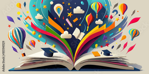 An open book releasing colorful hot air balloons stars and graduation caps