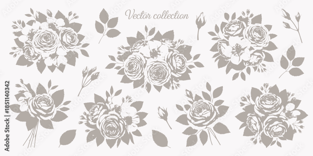 Fototapeta premium Floral Illustrations Vintage Collection Monochromatic Elegant Vector Graphics for Wedding Invitation