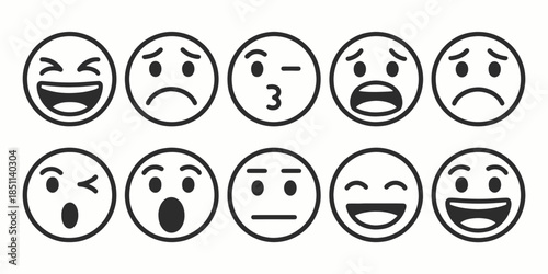 Emoticon Set with Various Facial Expressions in Simple Black and White Line Art for Digital Communication