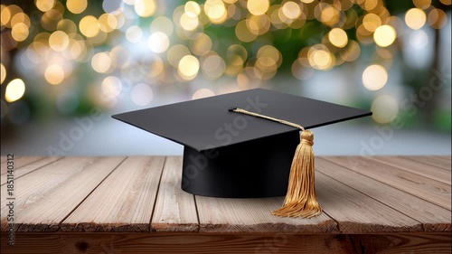 Graduation cap resting a wooden table, featuring an abstract bokeh background of achievement celebrating festive lights, video 4k