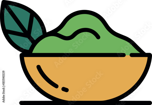 Flat Line Guacamole Dip in Bowl with Leaf Icon Vector Illustration