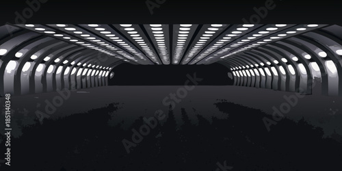 A dark tunnel with bright repeating lights leading into the unknown