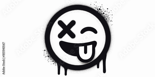 Crazy Face Emoticon with X Mark and Tongue Out in Simple Line Art with Black Ink Splatter on White Background for Emoji Design