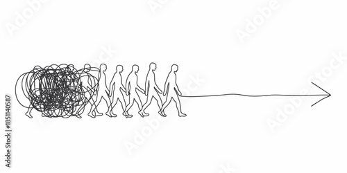 Group of people following a leader in minimalist line art style with black and white color scheme and simple background for business