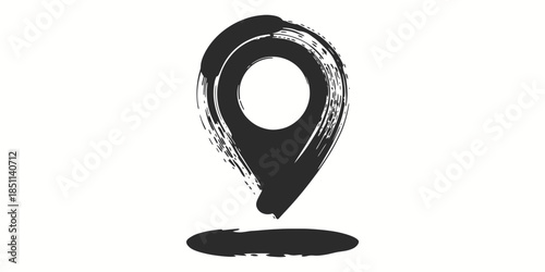 Black map pin icon in grunge style with bold shadow on white background for navigation