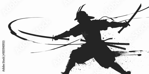 Silhouette of samurai warrior in dynamic pose with flowing ribbons and swords in dramatic black ink splatter on white background for martial arts branding