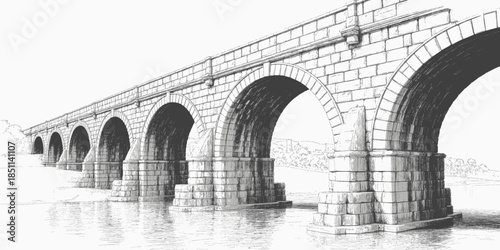 Ancient stone bridge with arches in serene landscape in monochrome grayscale for historical architecture