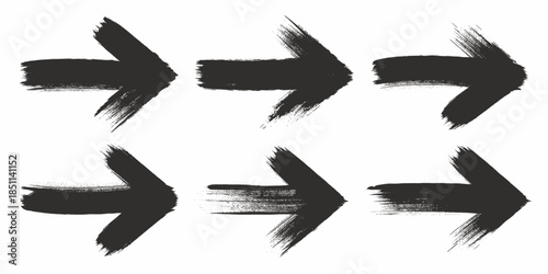 Black Brush Arrows in Various Directions with Grunge Texture and Distressed Edges for Graphic Design