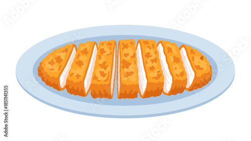 Crispy breaded chicken fillet sliced into strips served on a white dish