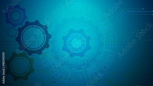 Abstract technological background with letters, cogwheels and plexus effect Abstract blue technological background with cogwheels and plexus effect