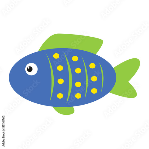Cartoon Flat Fish Illustration with Green Fin and Blue Scale Design