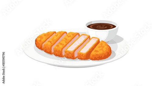 Crispy fried chicken fillet with dipping sauce and beverage on a white plate