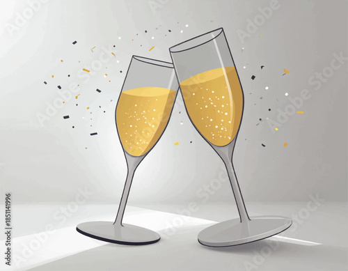 Two crystal champagne flutes filled with gold bubbling liquid stand isolated for a new year toast celebration