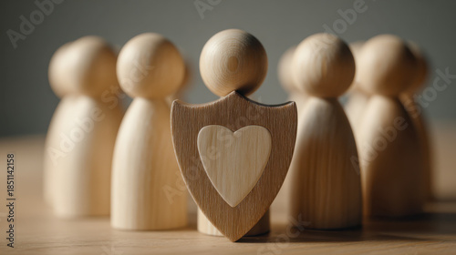 Wooden figurine holding a shield with heart symbol standing protectively in front of a group representing care and emotional support concepts