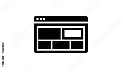 Black and white website icon with content blocks and navigation.