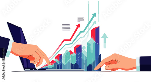Two hands engage with a laptop and a rising bar graph, illustrating successful business growth, strategic planning, and positive financial outcomes.