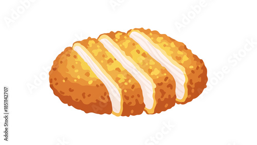 Crispy breaded chicken cutlet with drizzled sauce on a white plate