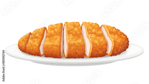 Golden brown breaded chicken cutlet sliced on a white plate