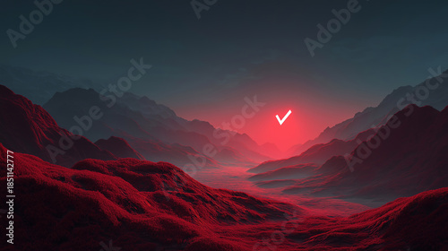 Digital red landscape featuring luminous checkmark illustrating secure verified and correct themes