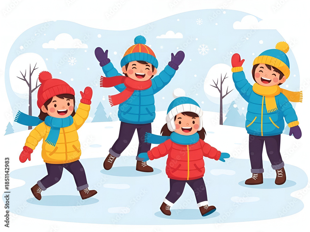 Fototapeta premium Happy children playing in the snow during winter season