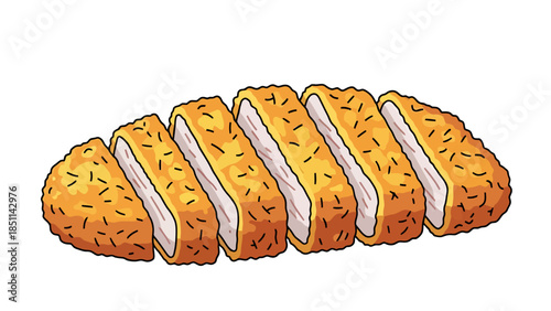 Crispy breaded chicken fillet with golden crust and sliced presentation