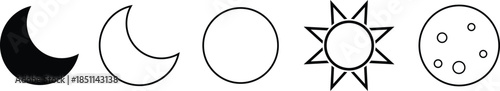 Sun and moon phase icons set in outline and solid styles