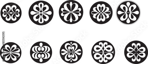 Ten black and white circular floral patterns with symmetrical