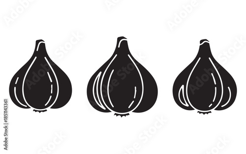 WebMinimal Garlic Bulb and Clove Silhouette Icon Set with Stem Detail, Flat Food Vector Illustration Isolated on White