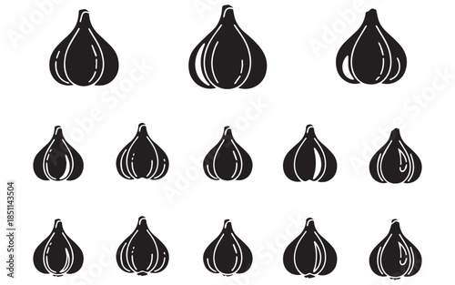 WebMinimal Garlic Bulb and Clove Silhouette Icon Set with Stem Detail, Flat Food Vector Illustration Isolated on White